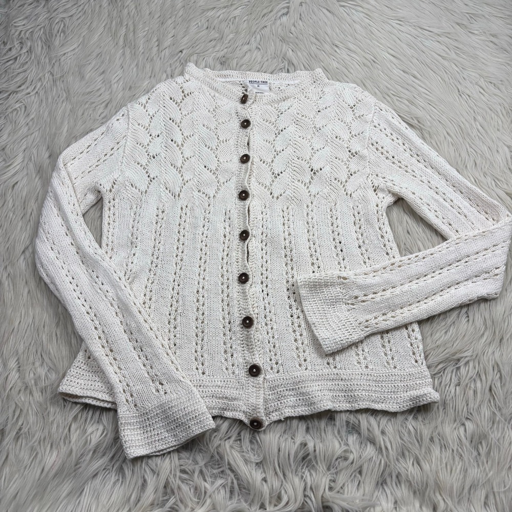 People Tree Women's M White Pointelle Open Knit Cardigan Organic Cottagecore